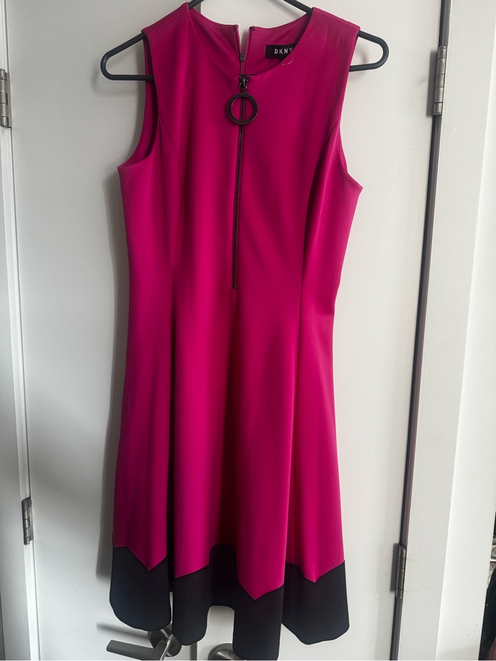 DKNY Sleeveless Magenta Midi Dress with Black Hem Detail